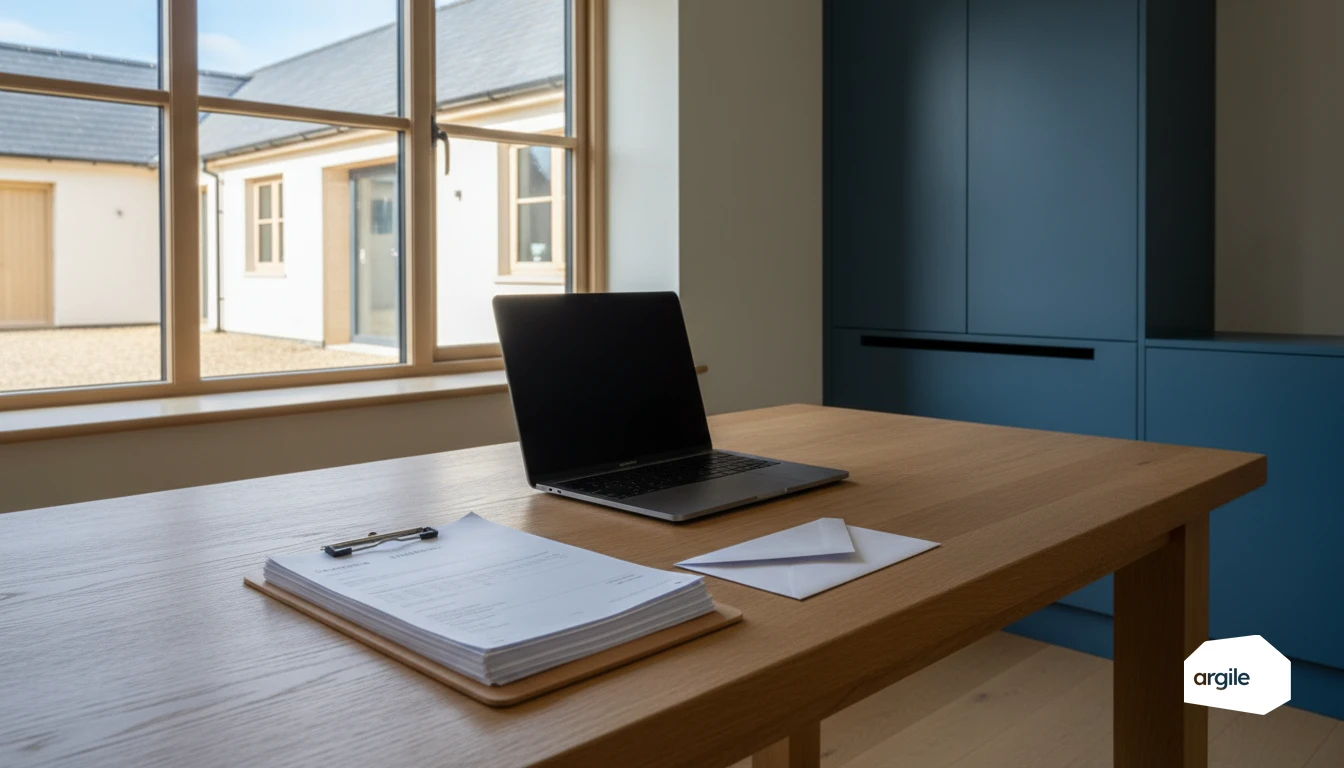 Trésorerie et facturation sur bureau, ferme rénovée.