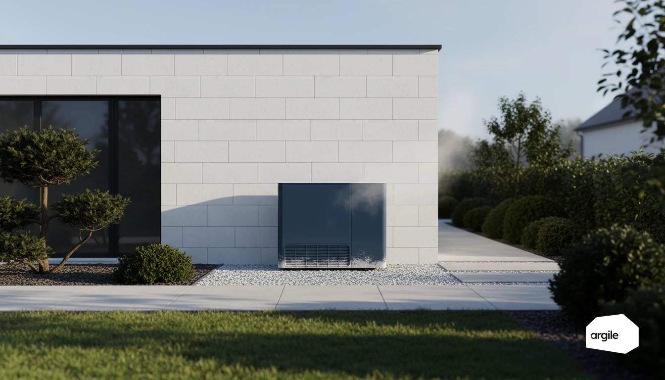 PAC air/eau en dégivrage devant maison moderne