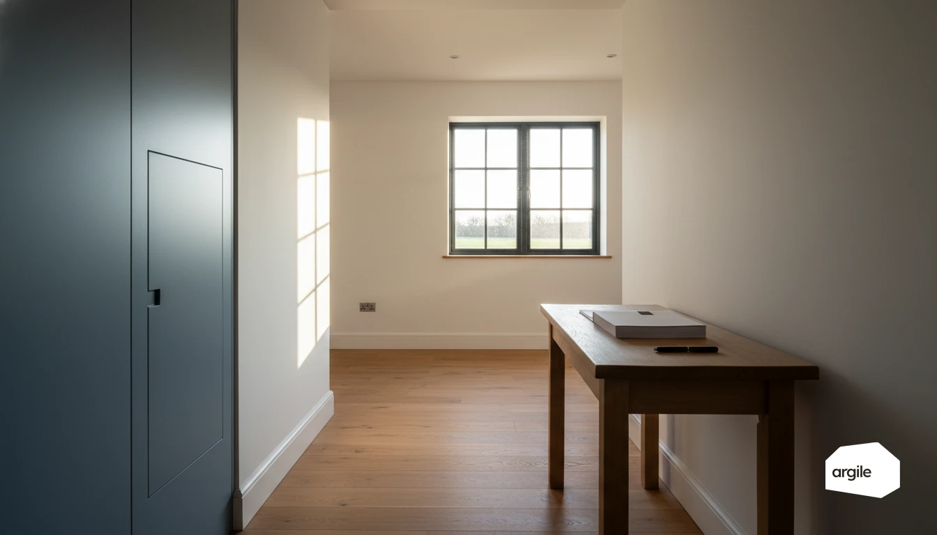 Tableau électrique discret dans ferme rénovée, lumière dorée