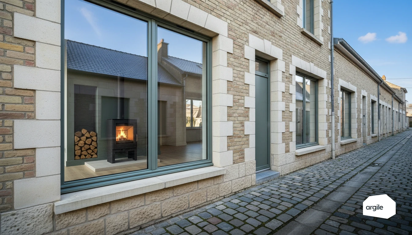 Poêle à bois moderne visible dans maison rénovée