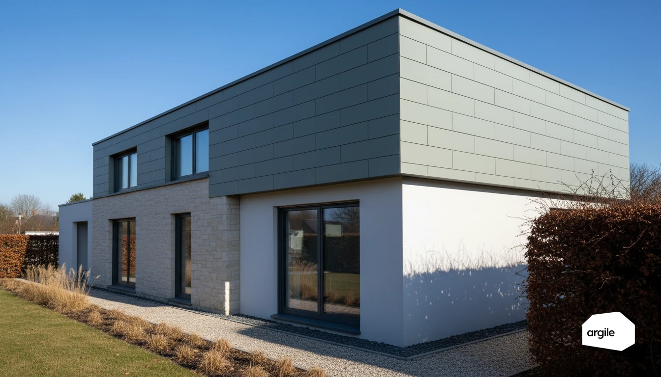 Maison rénovée basse consommation, façade sage-gris hivernale