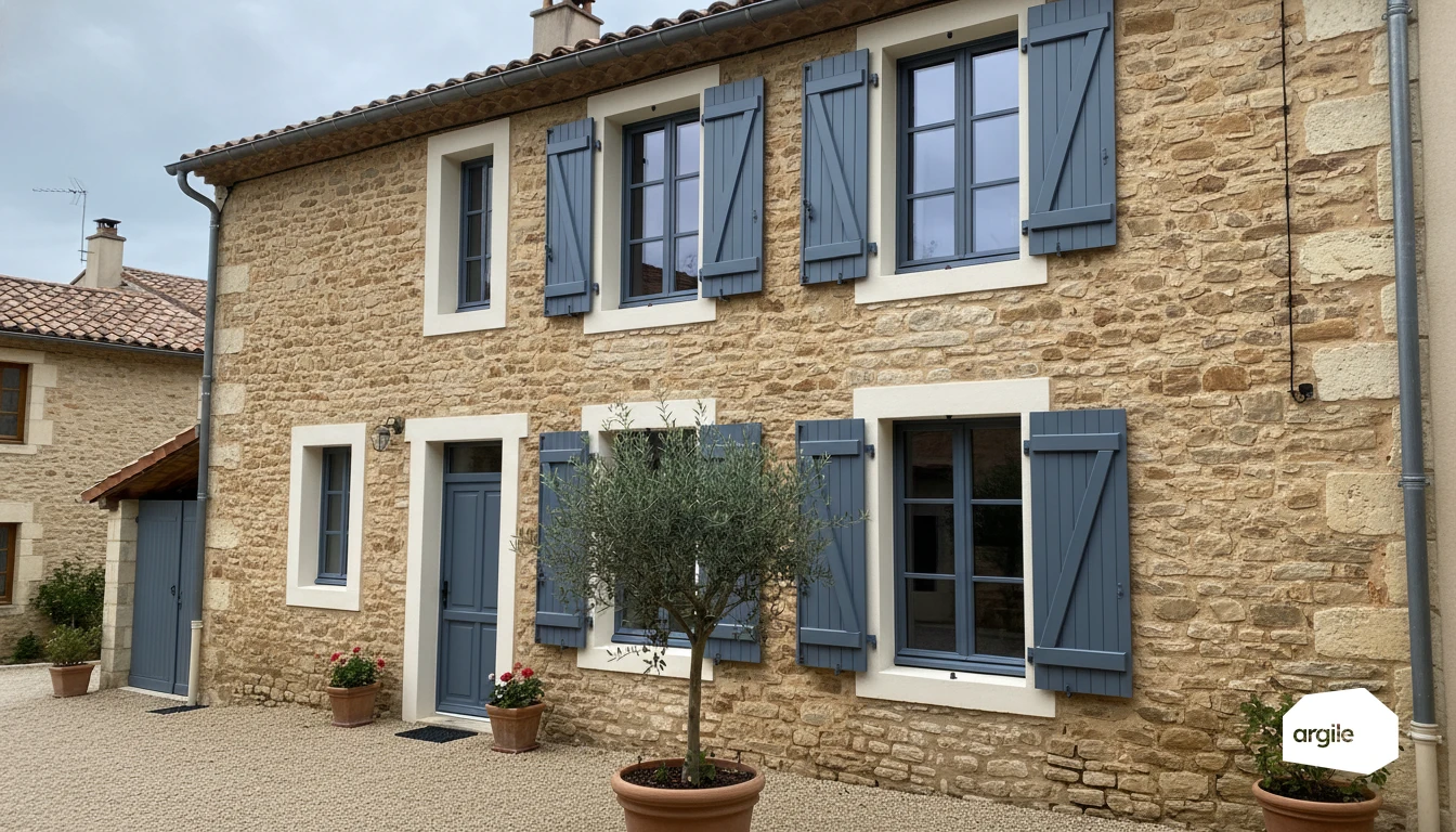 Fenêtres rénovées avec volets bleu-gris sur maison en pierre