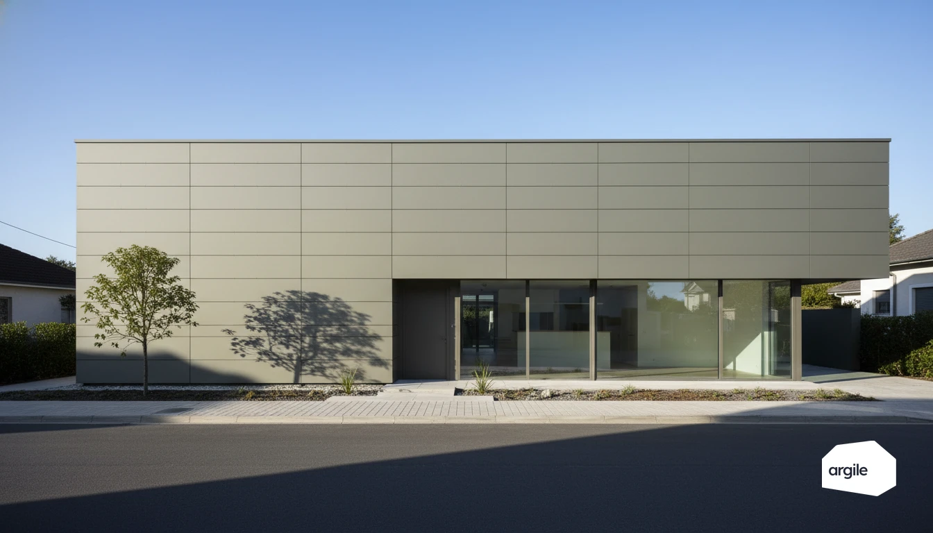 Maison moderne, grandes baies vitrées, lumière matinale