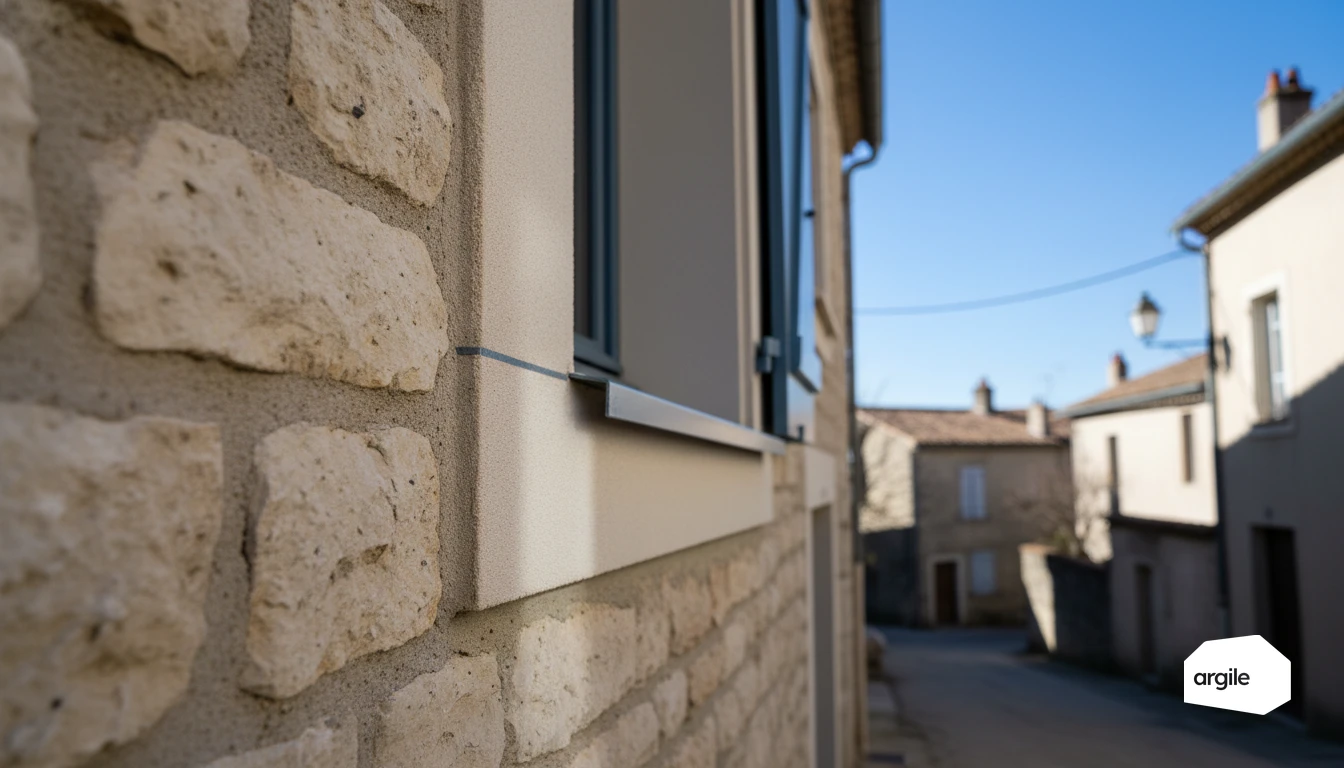 Détail façade rénovée, rupteur de pont thermique