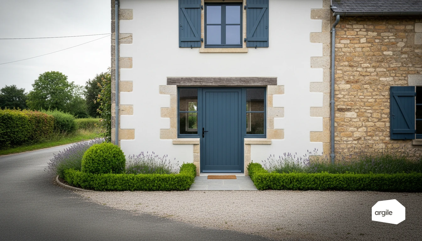 Porte blindée isolante sur ferme rénovée, ambiance sobre