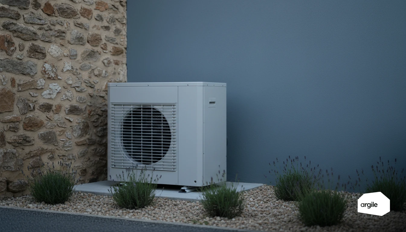 PAC monobloc extérieure près maison en pierre rénovée