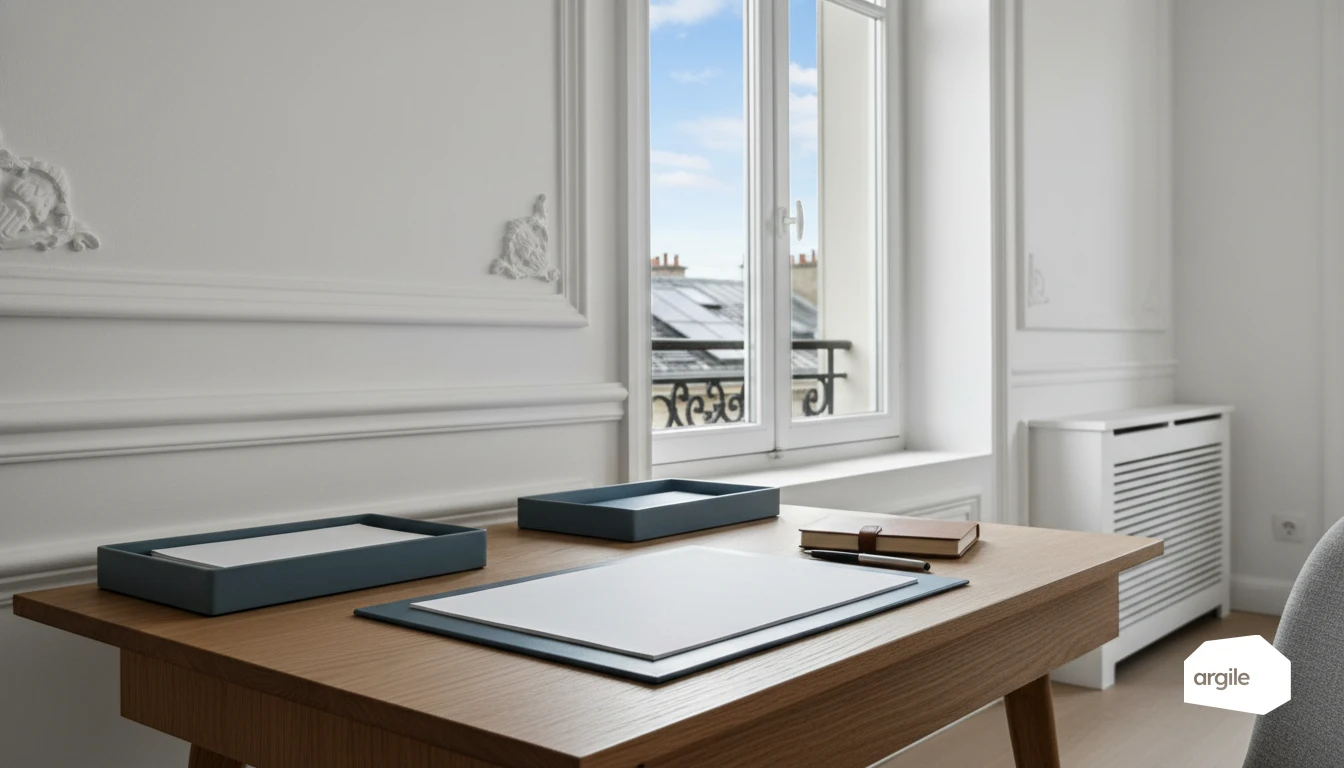 Dossier bleu et documents sur bureau haussmannien lumineux