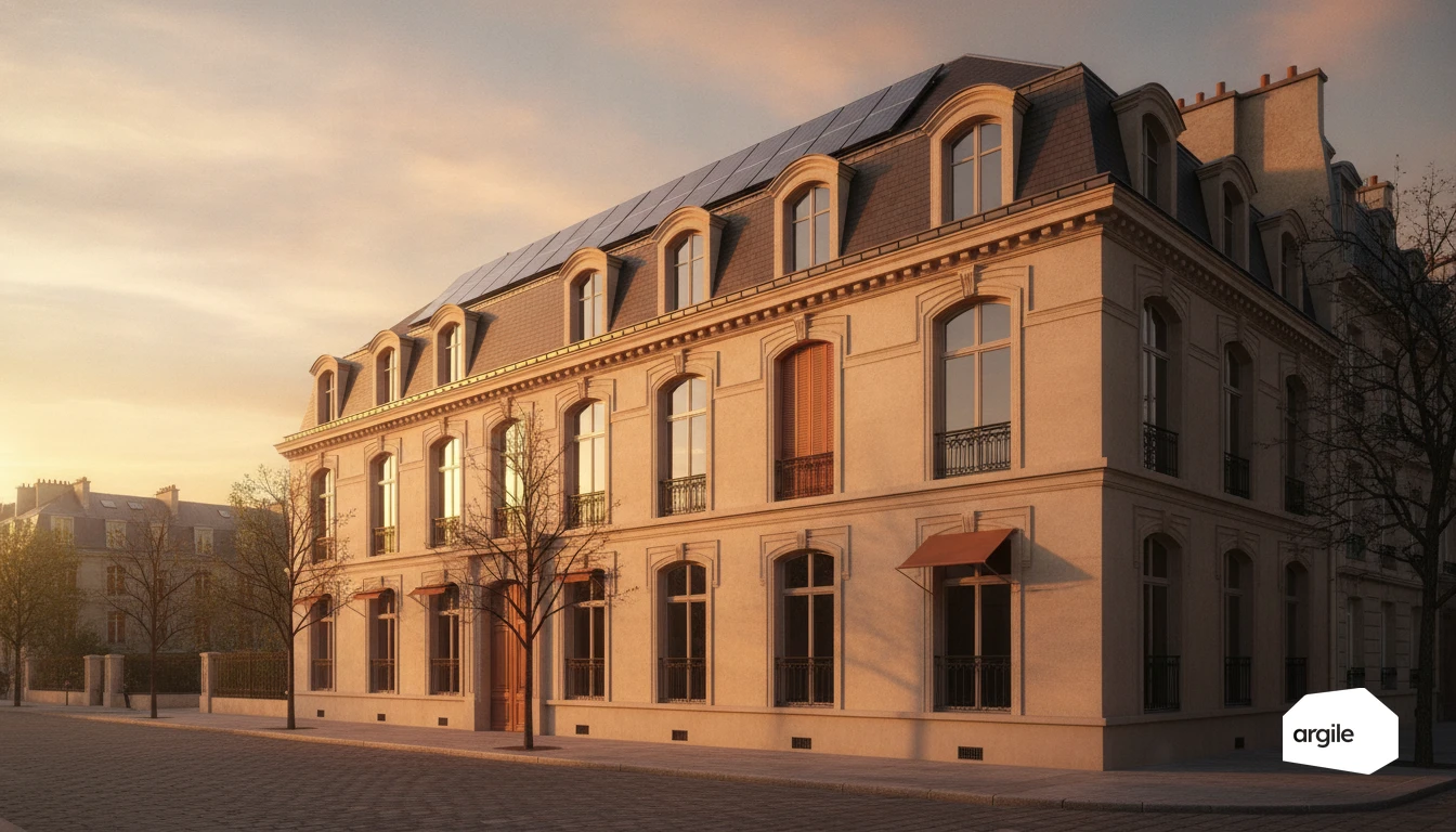 Façade haussmannienne rénovée avec panneaux solaires au soleil