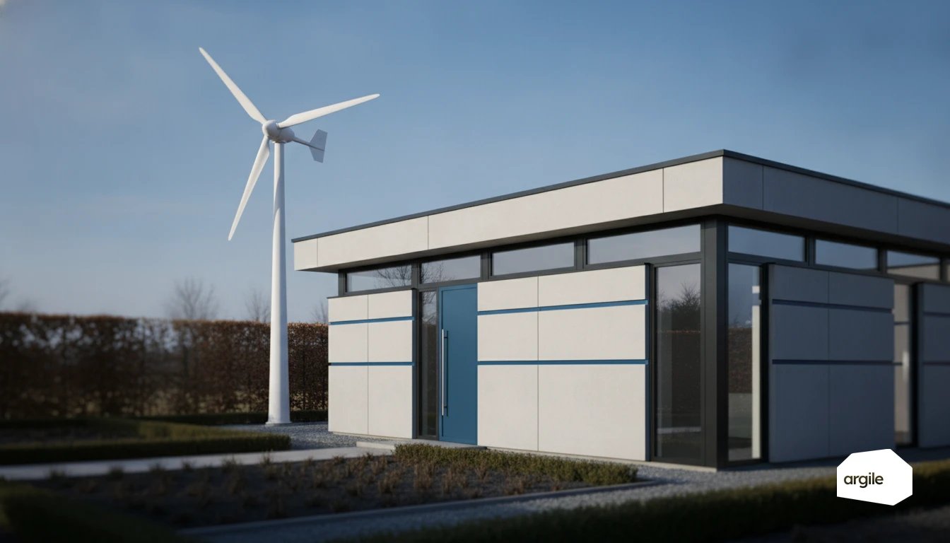 Maison basse consommation avec éolienne domestique en hiver