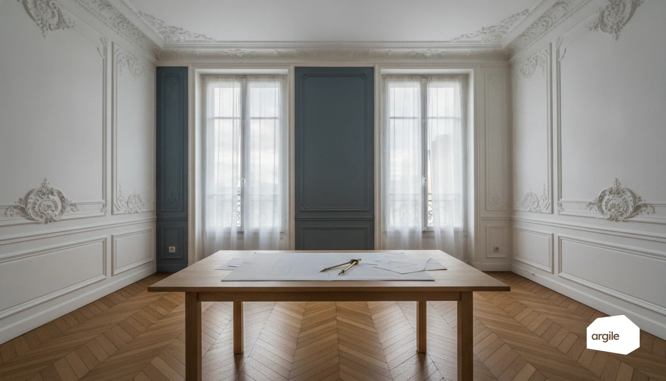 Salon haussmannien rénové, plans bioclimatiques sur table
