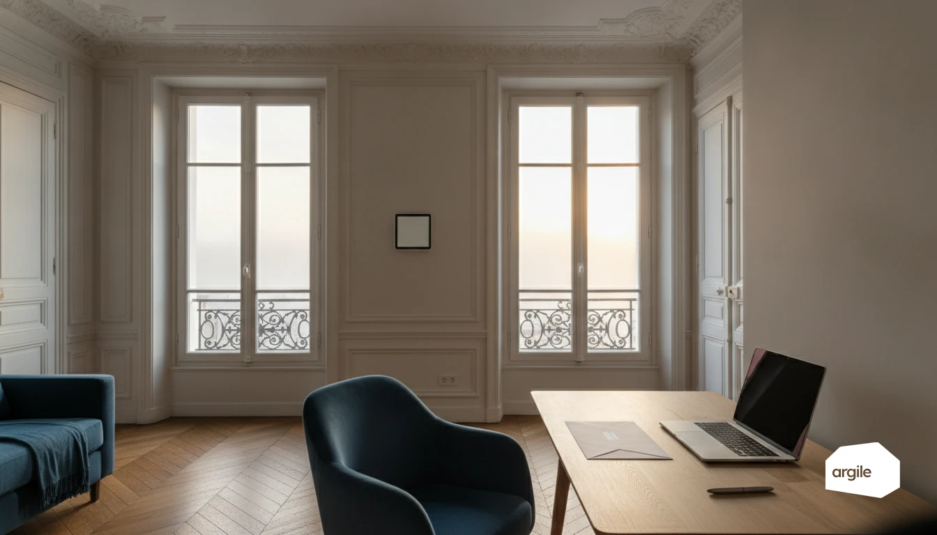 Salon rénové, lumière dorée, teintes bleu profond
