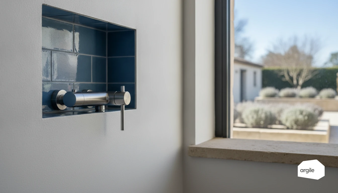Gros plan mitigeur thermostatique dans salle de bain rénovée