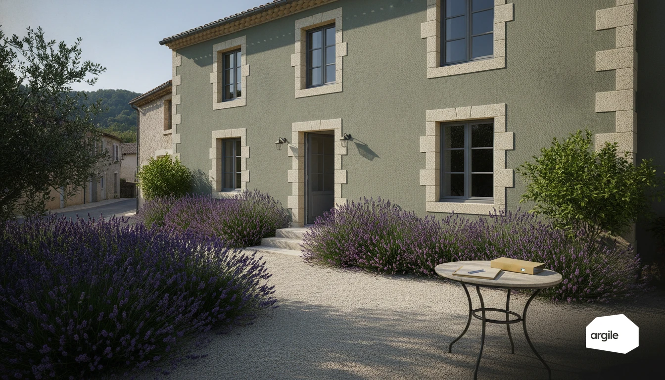 Mas provençal rénové, lumière du matin, lavande