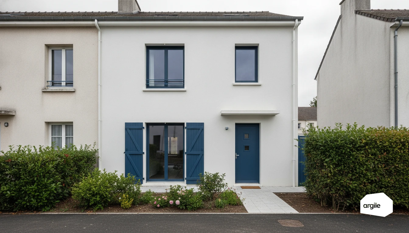 Façade rénovée avec protections solaires et volets bleus