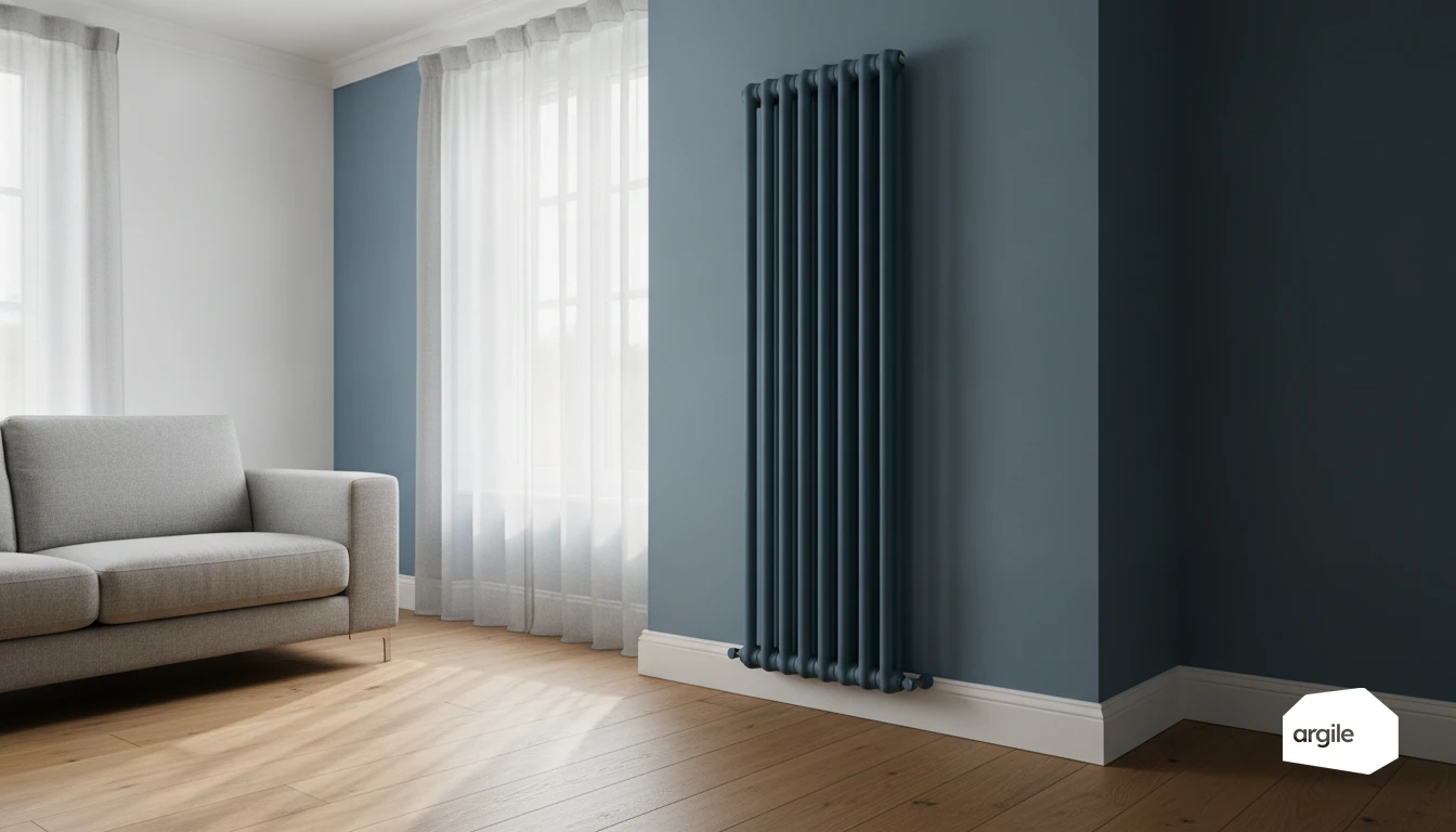 Radiateur design bleu dans salon rénové lumineux