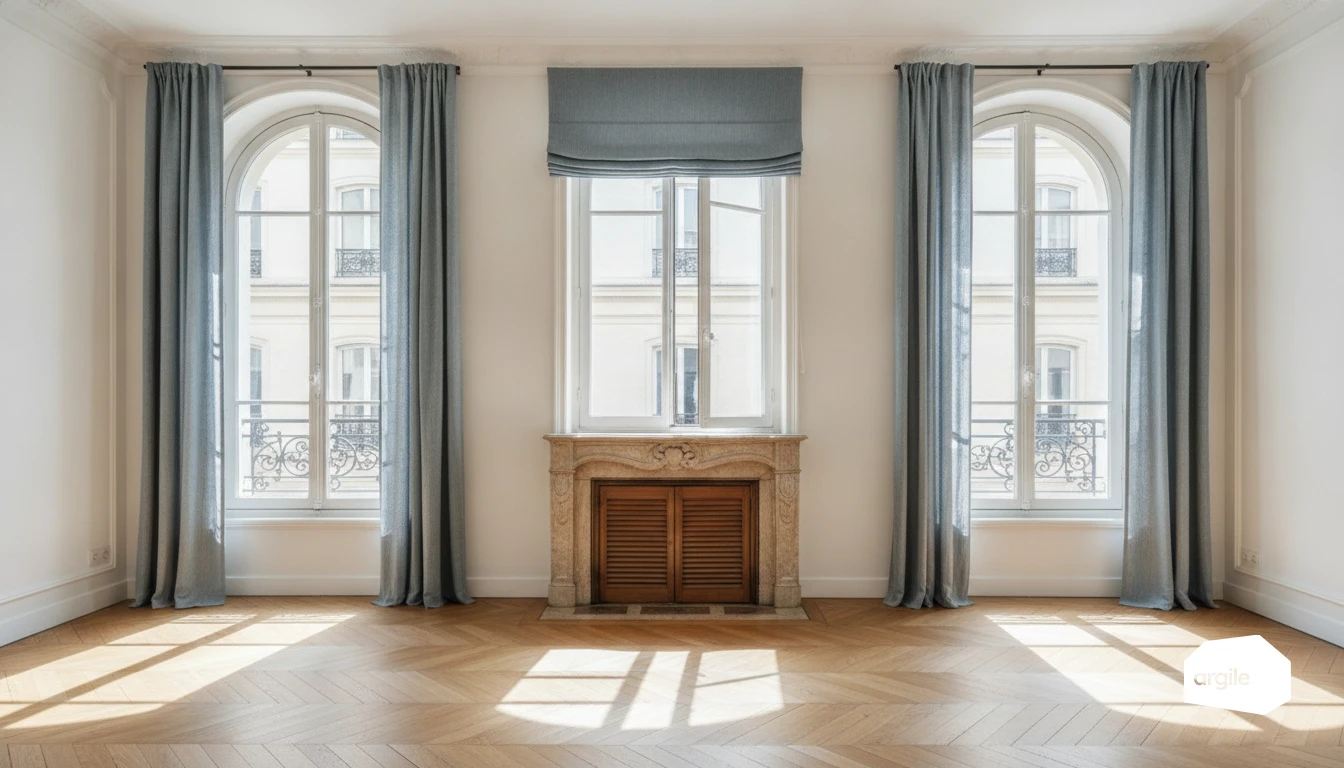 Salon haussmannien rénové, protections solaires et ventilation naturelle
