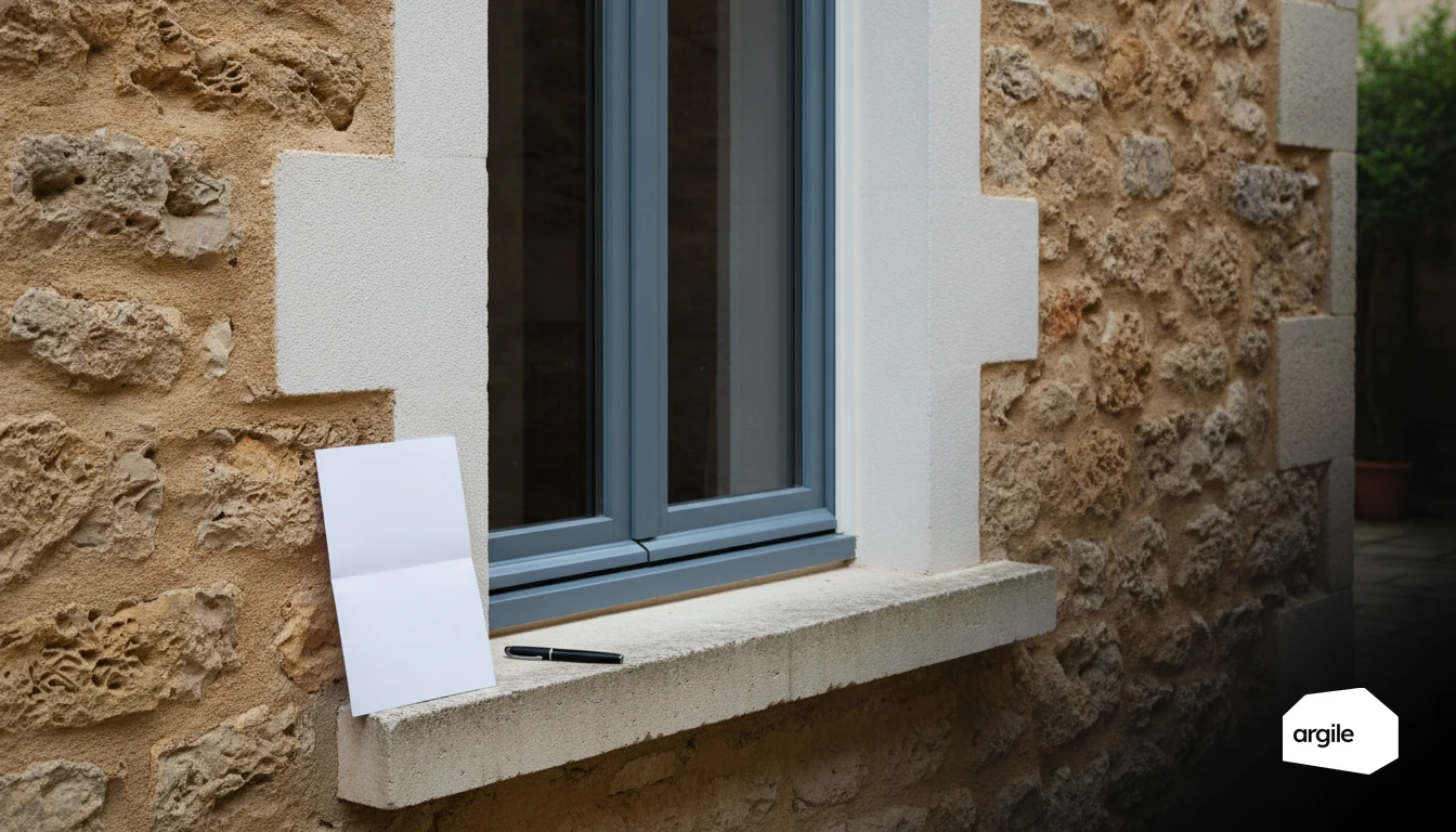Fenêtre rénovée bleue sur maison en pierre