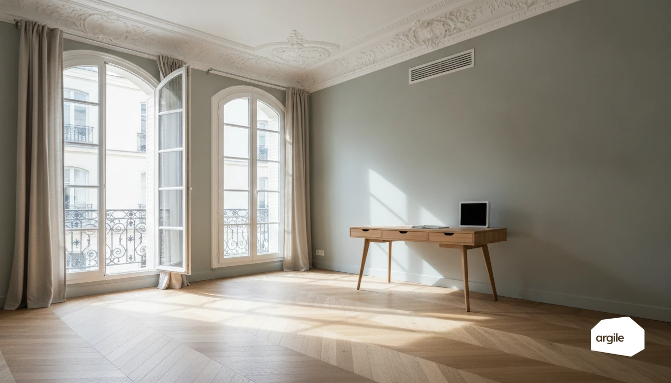 Appartement haussmannien rénové, lumière du matin, rénovation énergétique