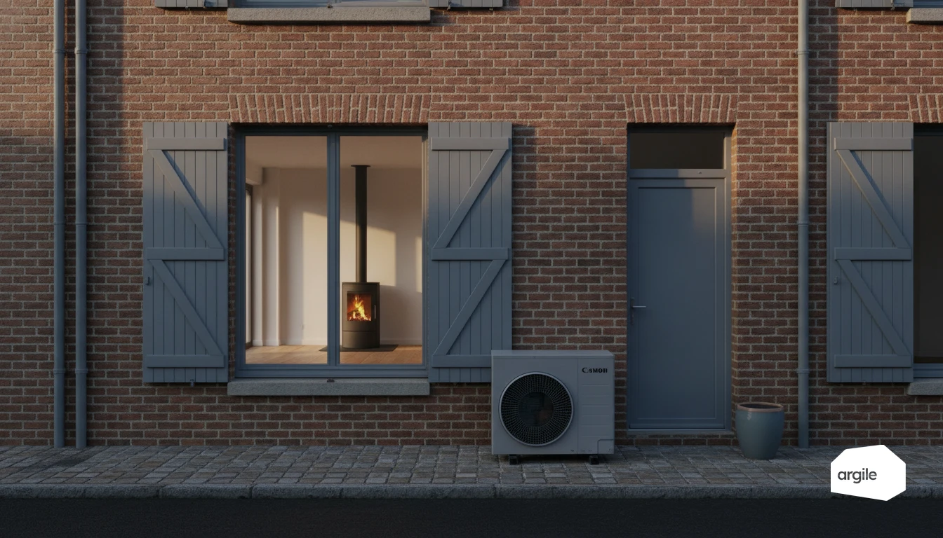 Maison rénovée avec PAC extérieure et poêle visible