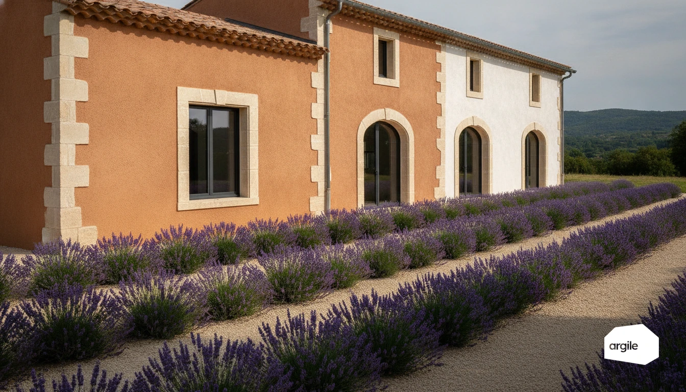 Mas provençal rénové, façade terracotta et jardin de lavande