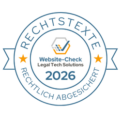 Das Website-Check Siegel. Es zeigt an, dass die Rechtstexte aktuell sind und verlinkt auf eine Website mit weiteren Daten.