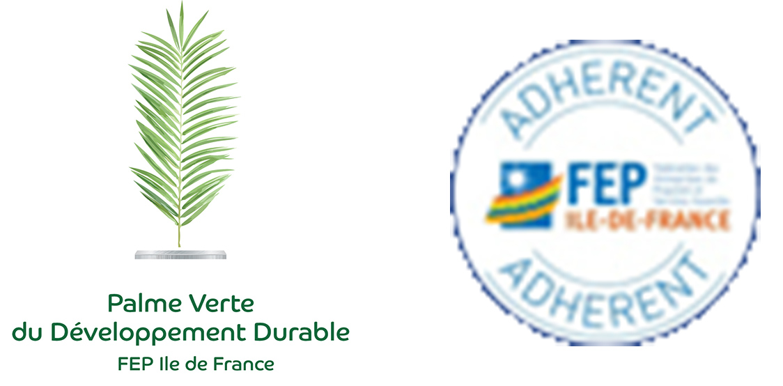 Labels Palme Verte du Développement Durable et Adhérent FEP, garantissant notre démarche RSE et écologique.