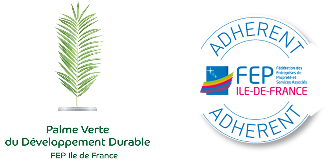 Labels Palme Verte du Développement Durable et Adhérent FEP, garantissant notre démarche RSE et écologique.
