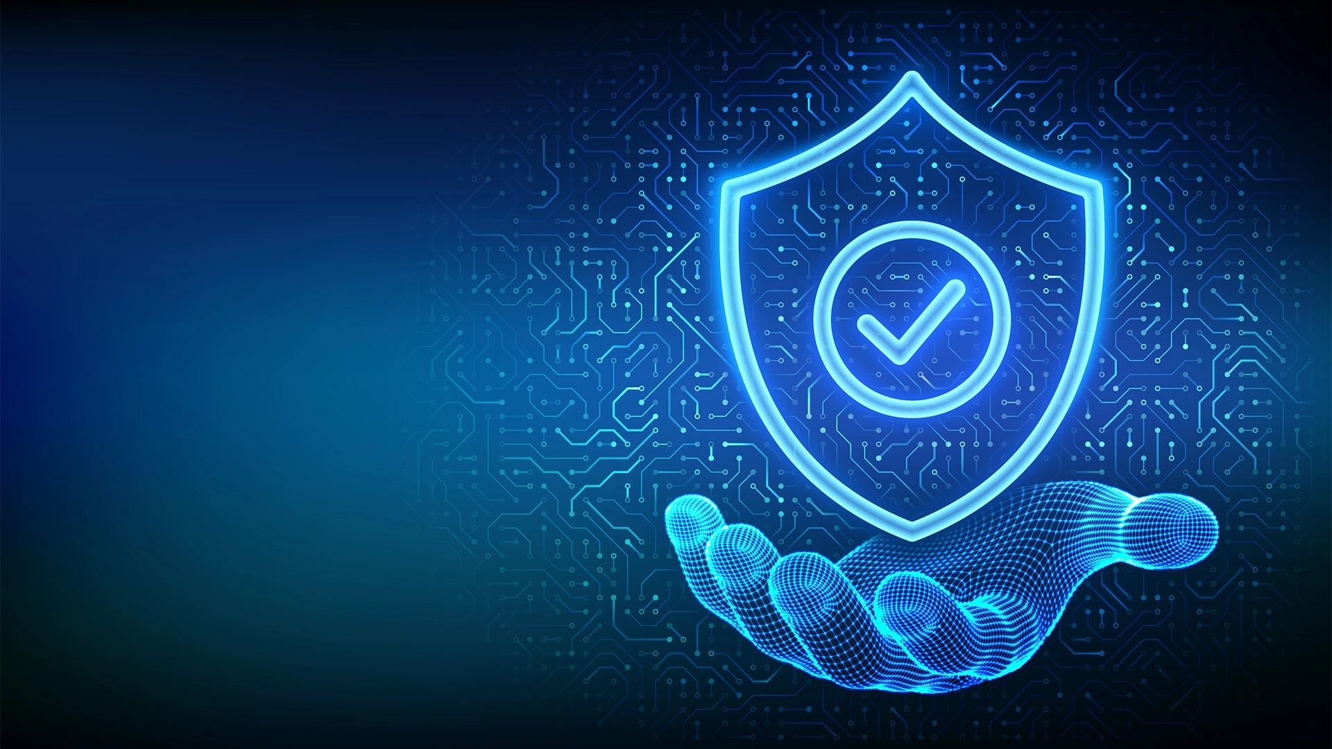 Digital wireframe hand holding glowing shield with checkmark, symbolizing cybersecurity and protection.