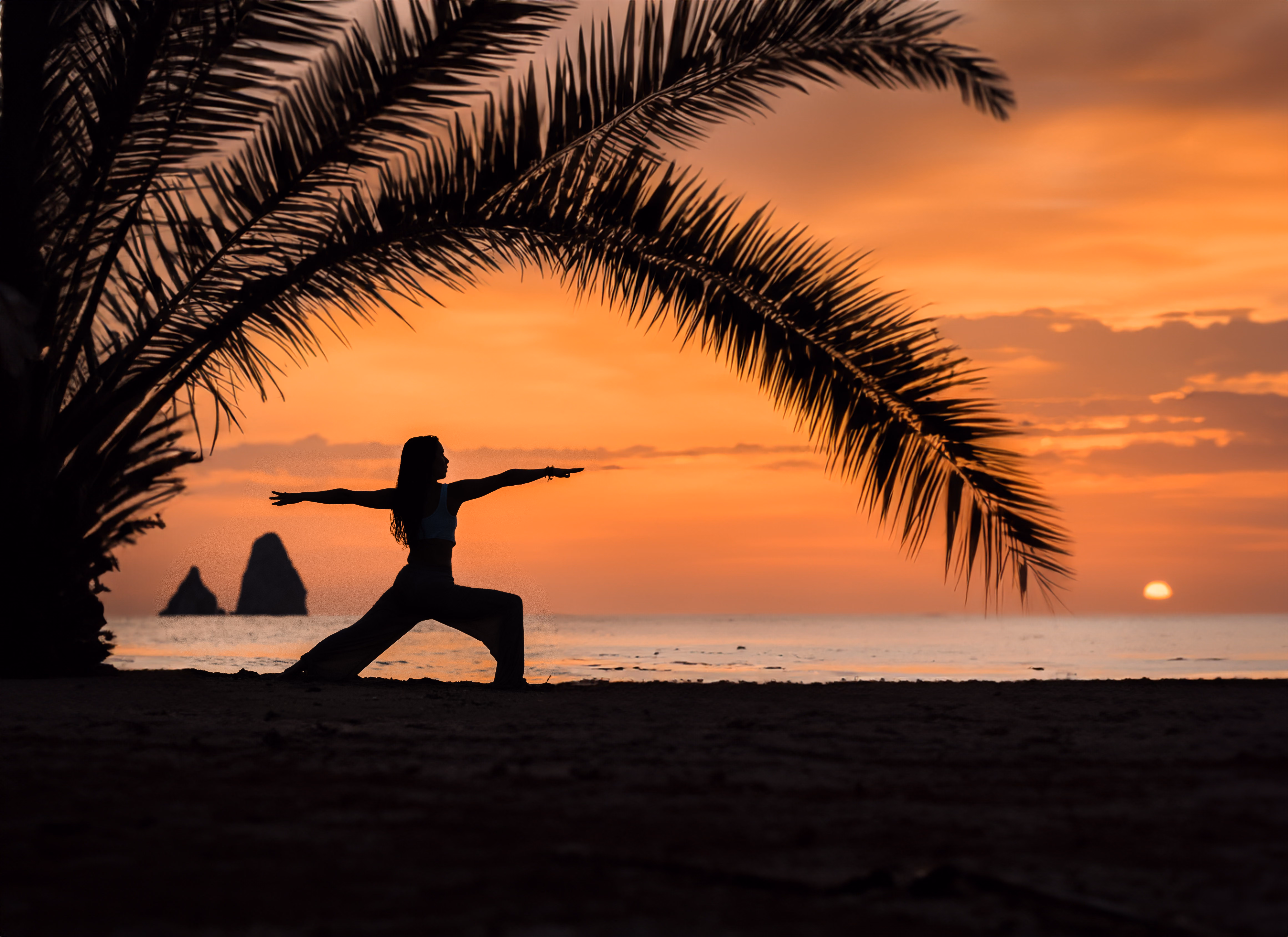 Silhouette of a woman doing yoga on the beach under palm leaves at sunset over the ocean.