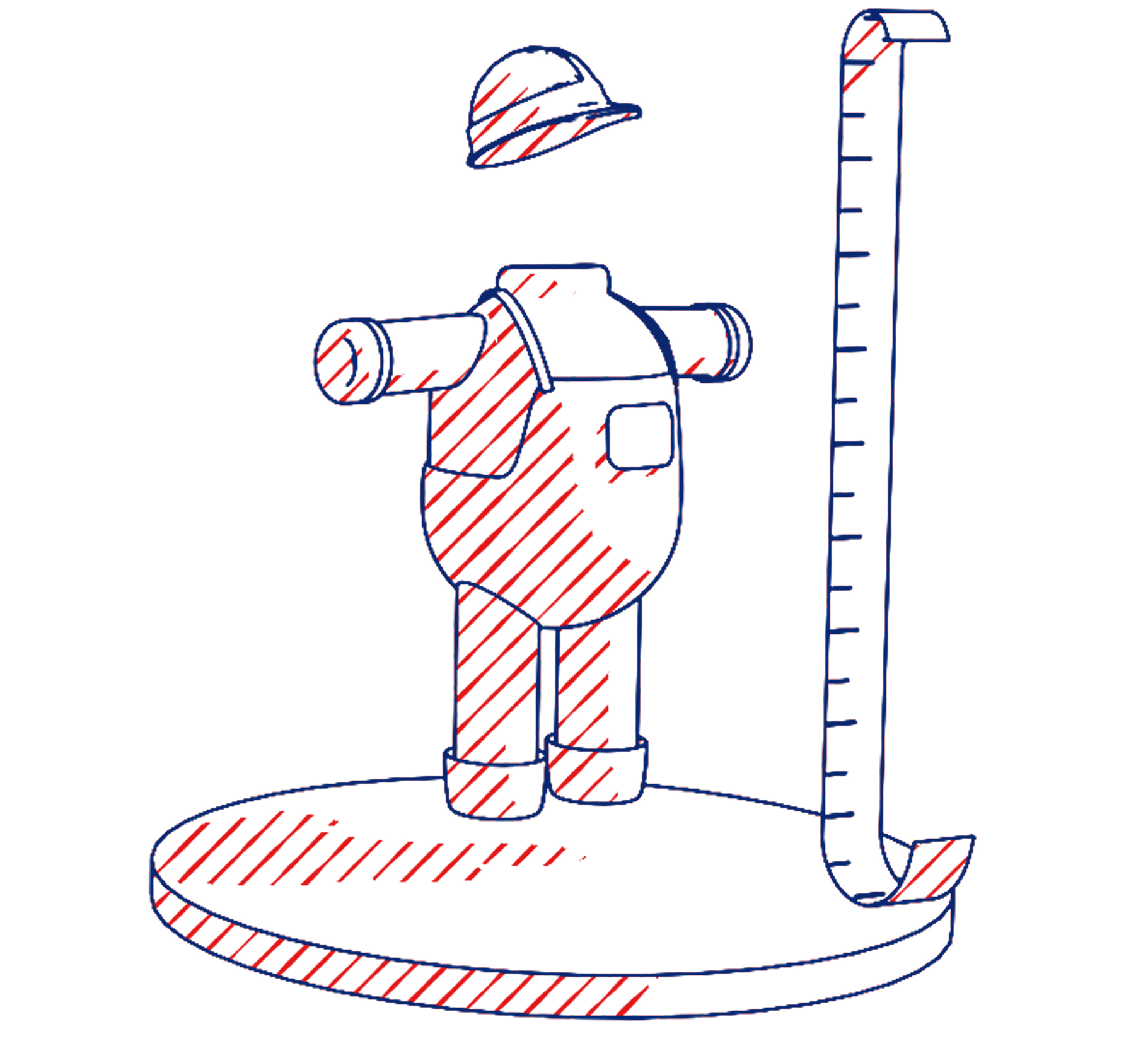 Sketch of a new worker being measured on a height scale