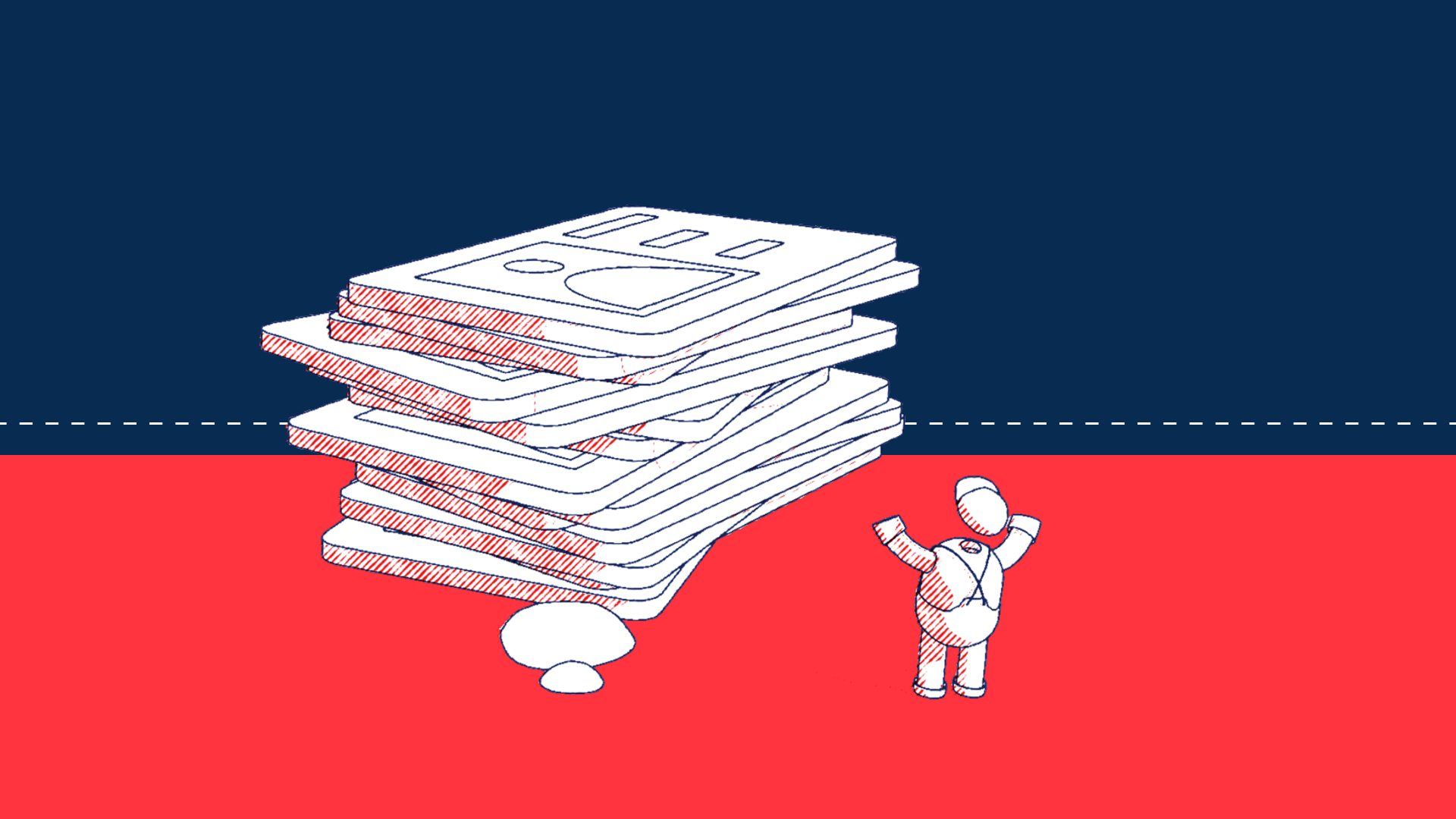Illustration of a person beside a tall stack of documents