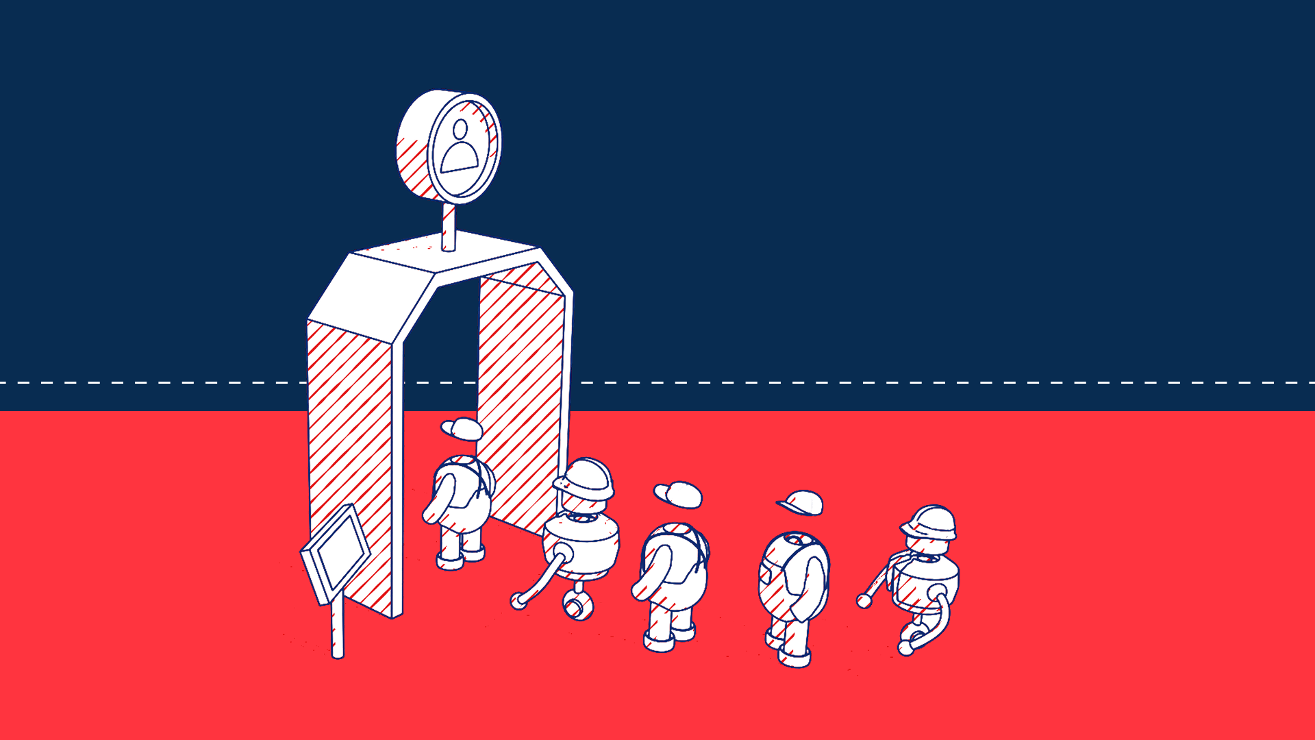Illustration of robots passing one by one through a locked gateway