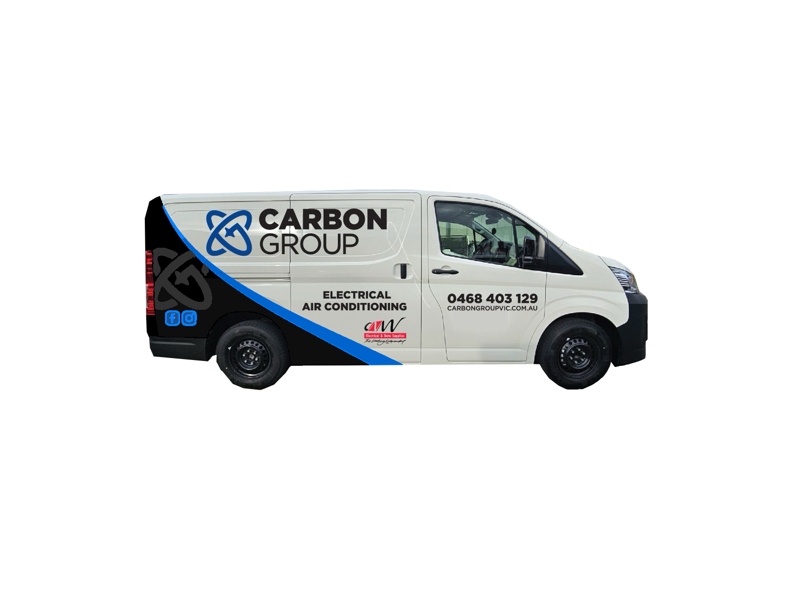White and black van with blue stripe and Carbon Group branding, advertising electrical and air conditioning services with contact number and website.