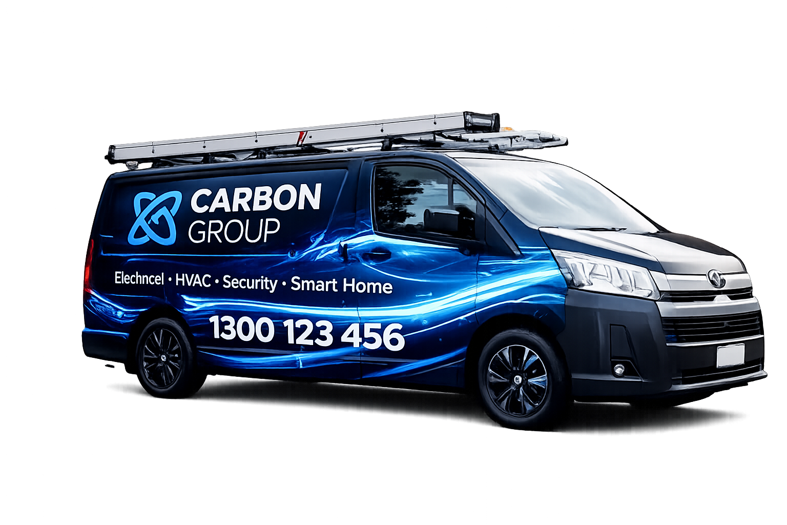 Dark blue Carbon Group service van with company logo, services listed as Elechncel, HVAC, Security, Smart Home, and phone number 1300 123 456.