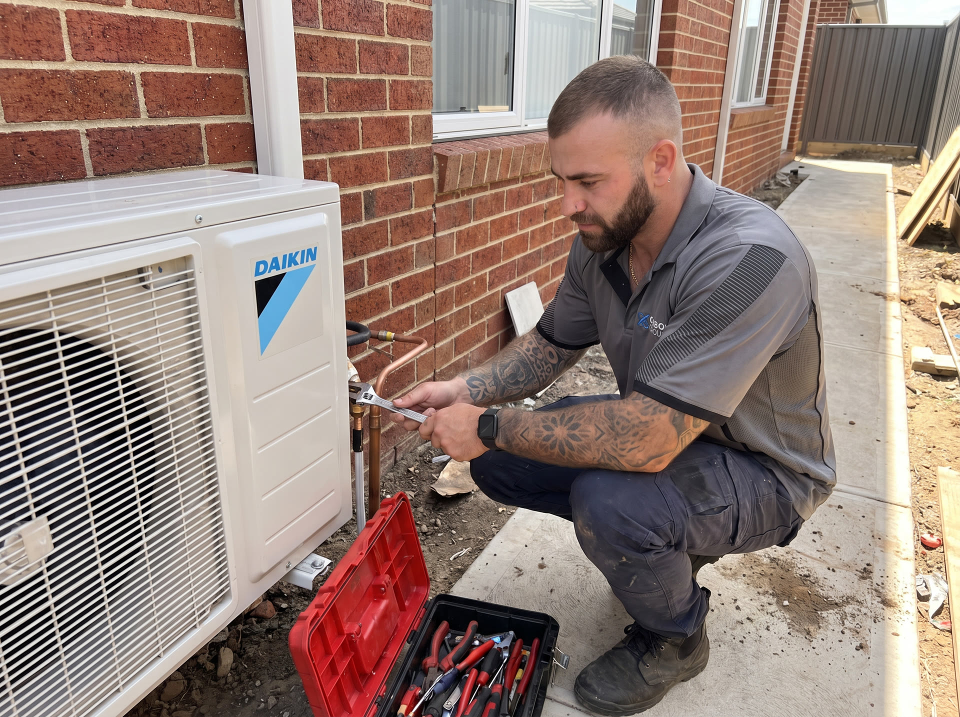 Outdoor split system condenser unit mounted cleanly on a Melbourne home