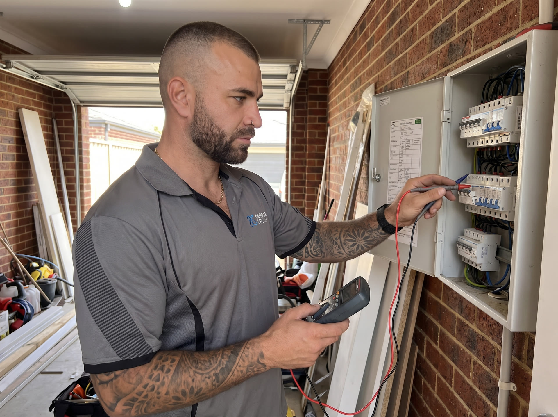 Licensed electrician testing a switchboard with a multimeter