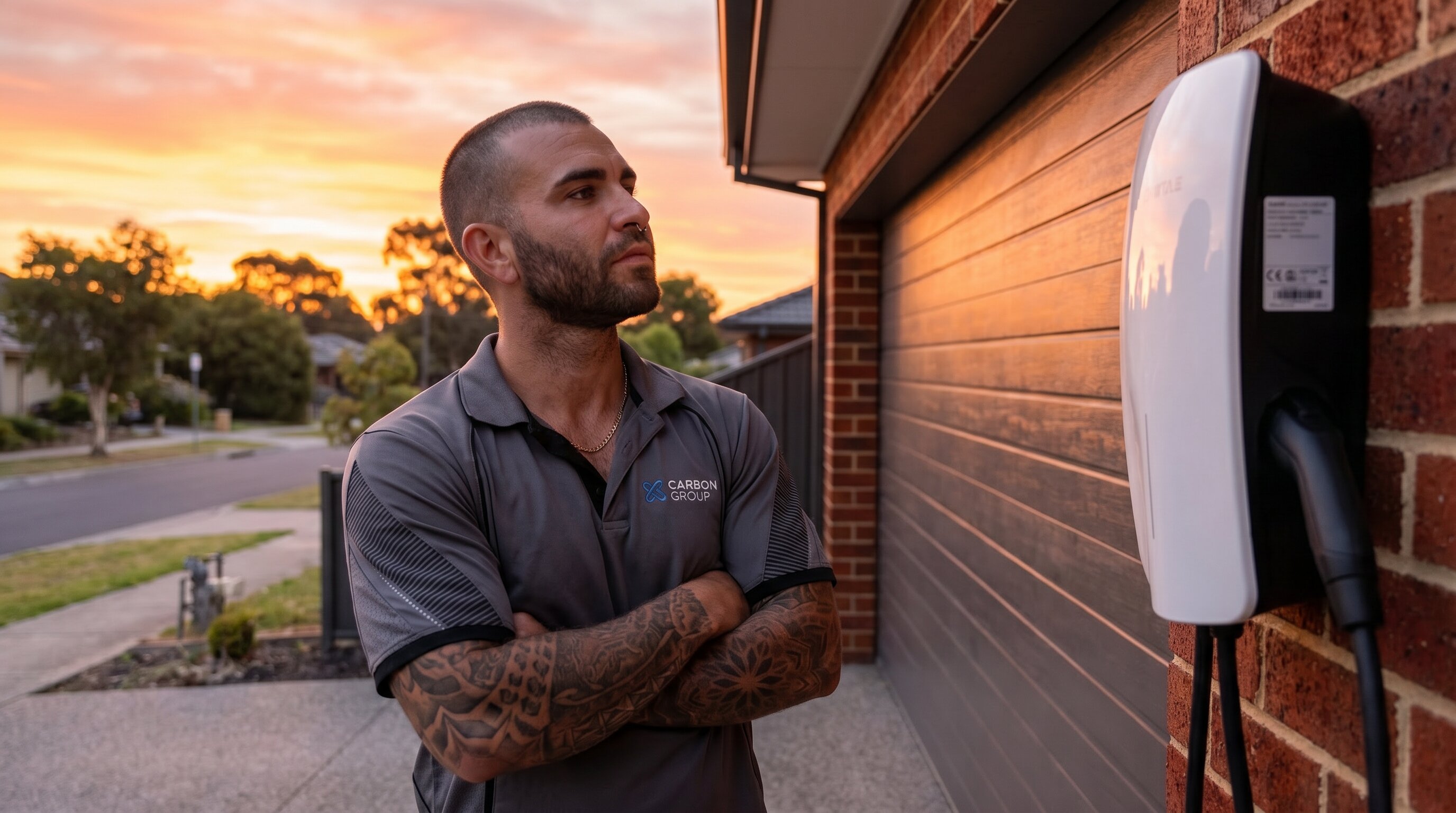 Brandon Loebert, Carbon Group Electrical — EV charger installation at Melbourne home at sunset