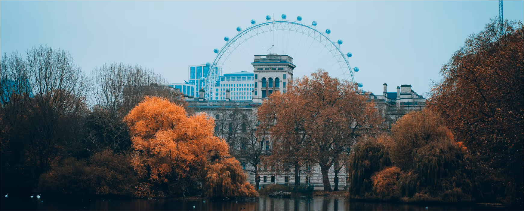 London skyline with the London Eye viewed across St James's Park in autumn