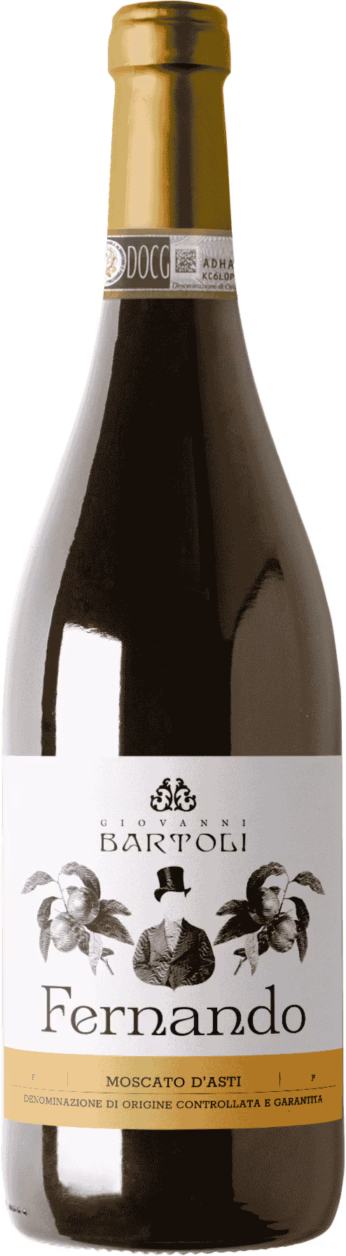 Bottiglia di vino Moscato d'Asti con etichetta Giovanni Bartoli Fernando e sigillo DOCG.