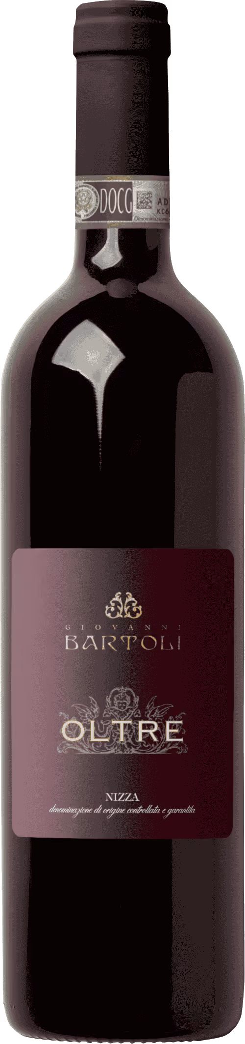 Bottiglia di vino rosso Giovanni Bartoli Oltre Nizza DOCG con etichetta bordeaux e dettagli dorati.