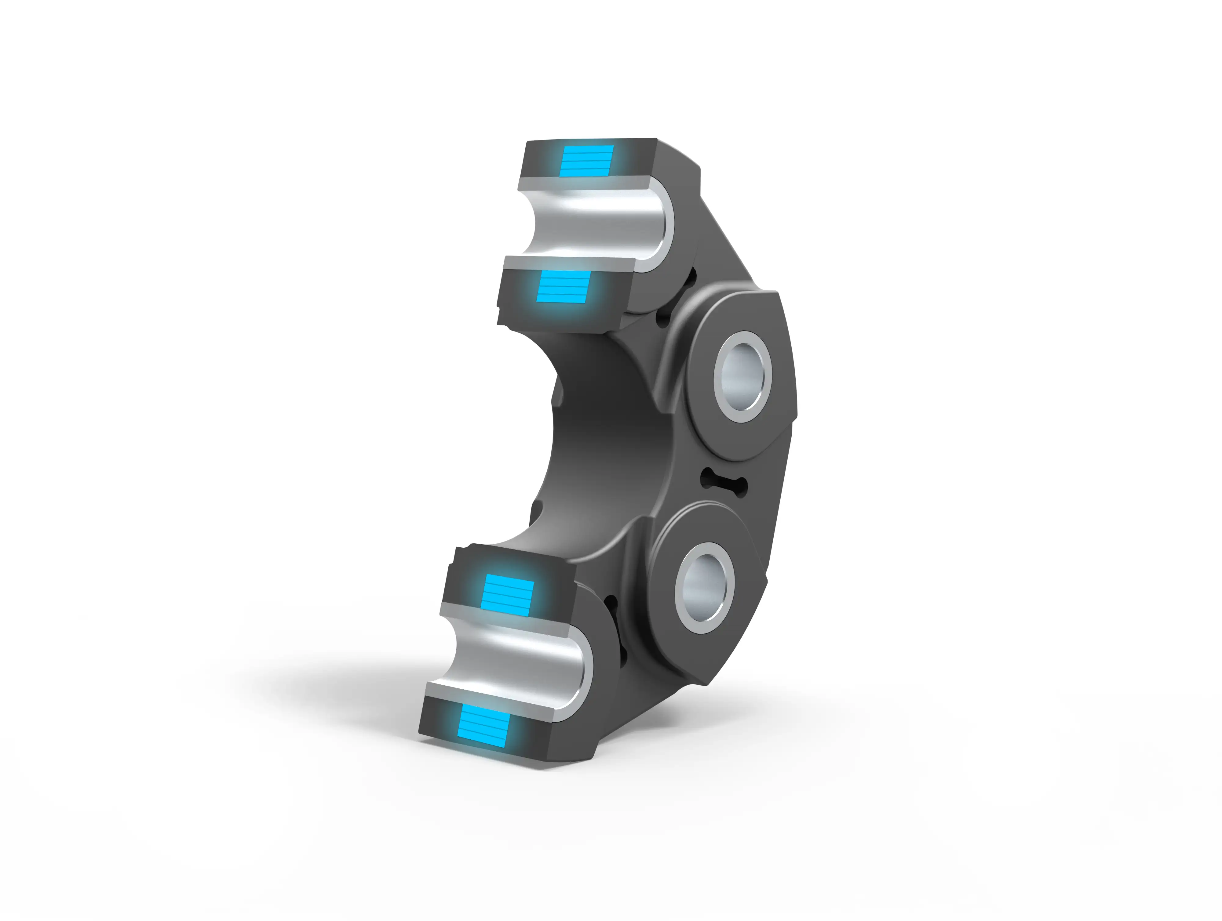 Black and silver mechanical coupling part with blue highlights on a white background.