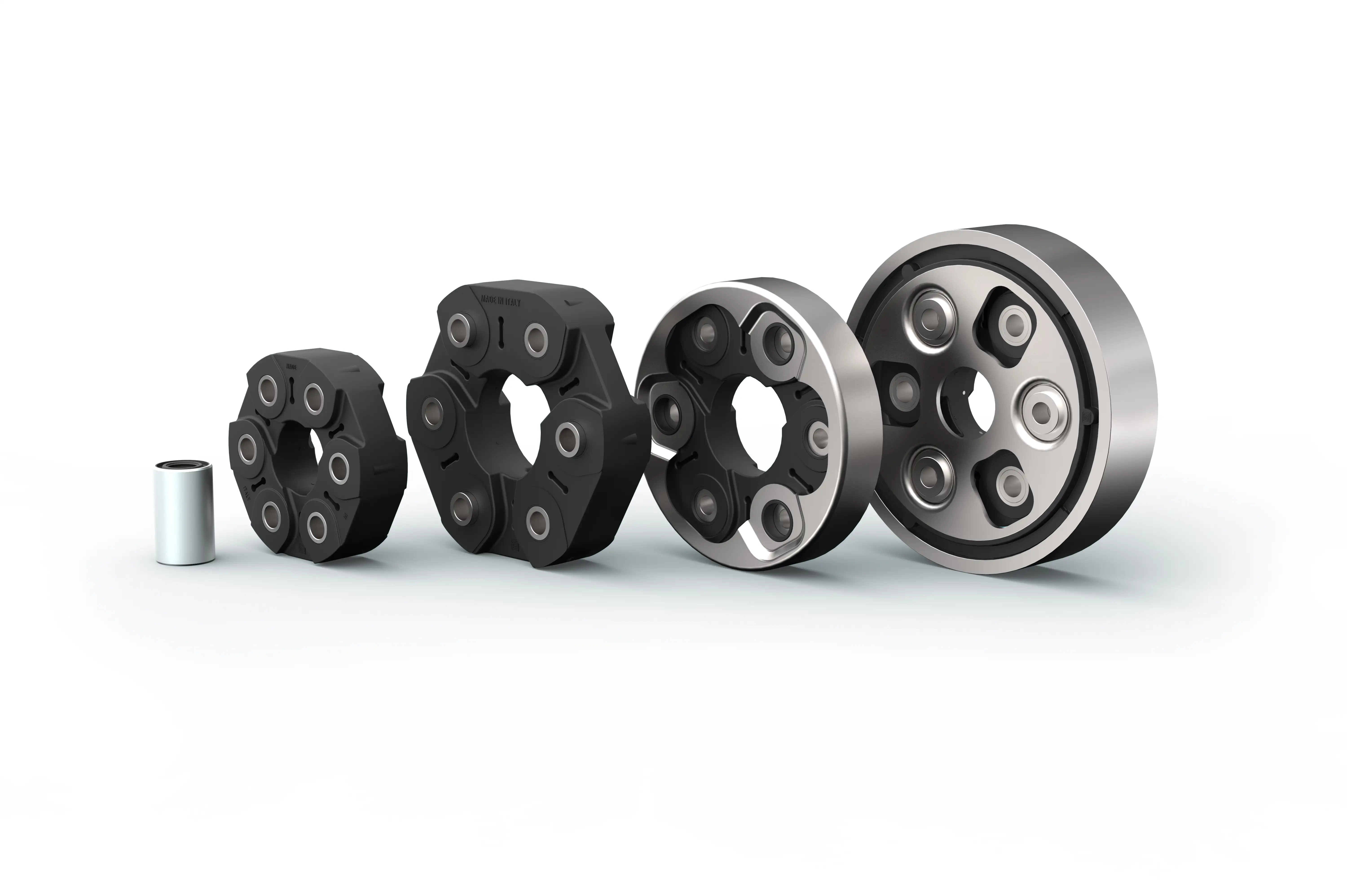 Five metal and rubber mechanical parts of different sizes arranged in a row on white background.