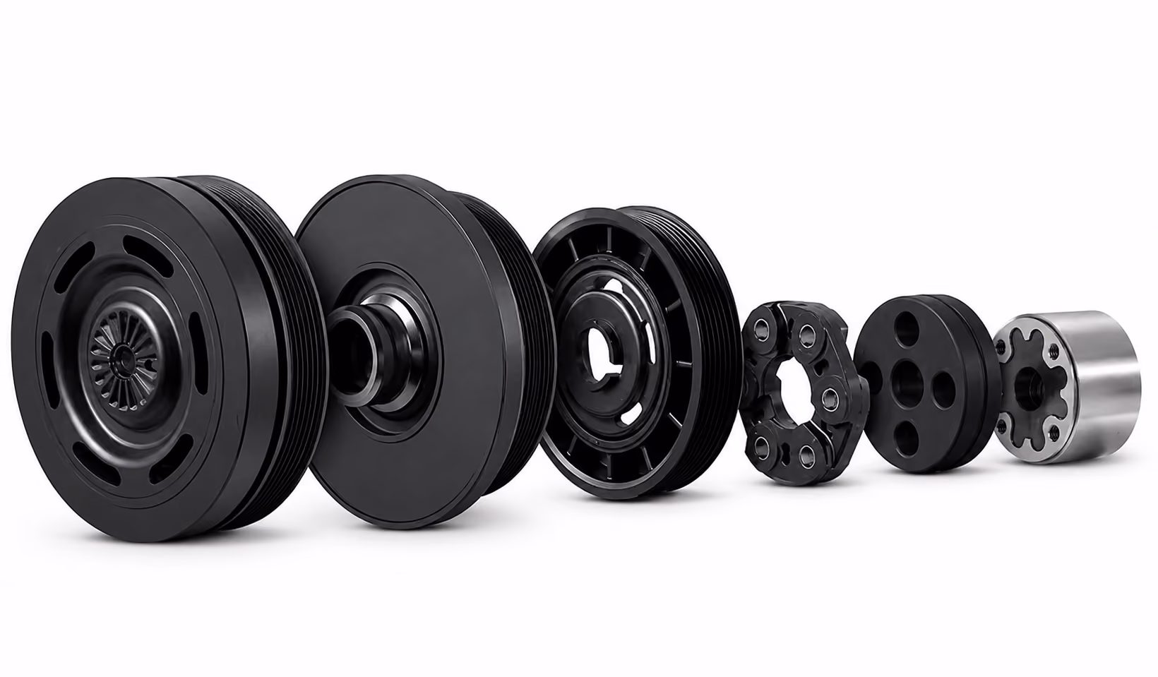 Six mechanical components including pulleys and couplings aligned on a white background.