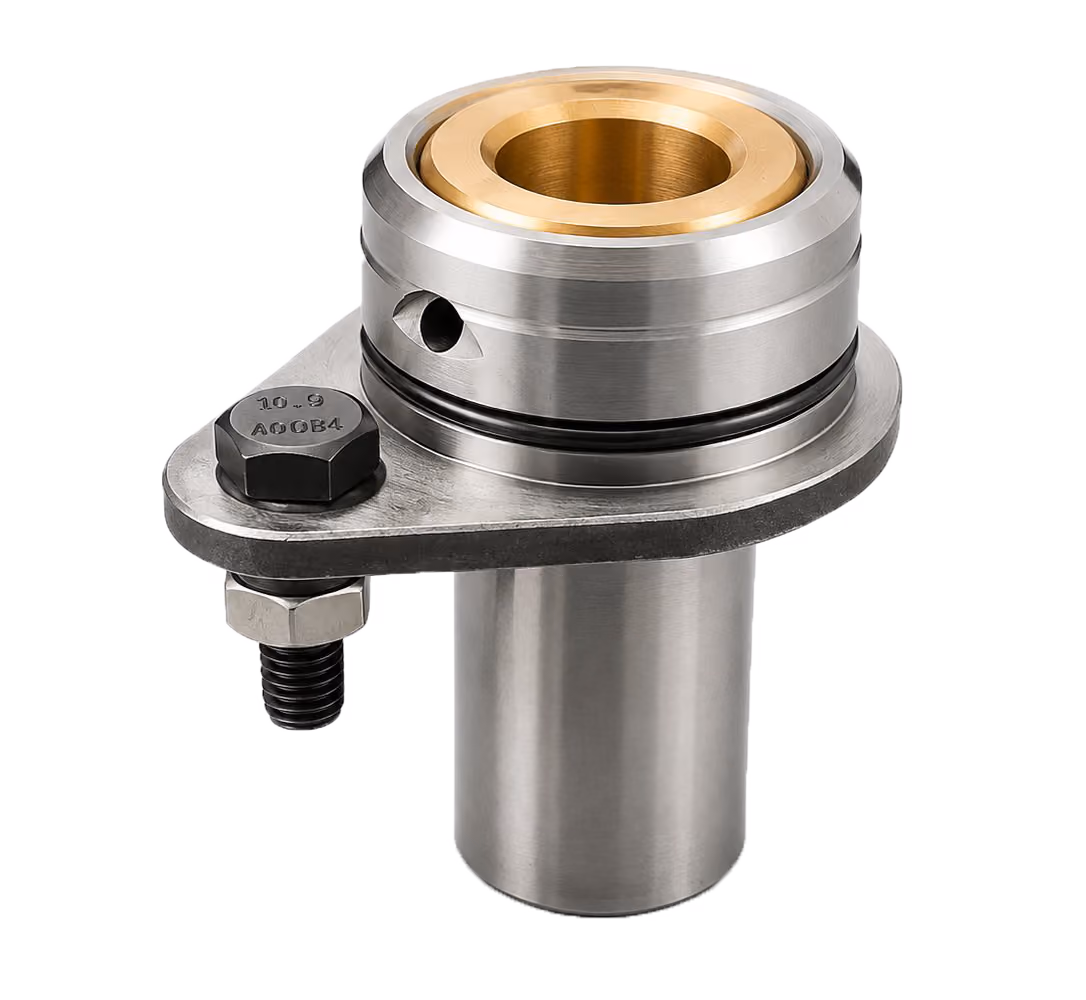 Close-up of a cylindrical mechanical metal component with a brass ring inside the top opening, attached to a flat oval metal plate with two bolts.