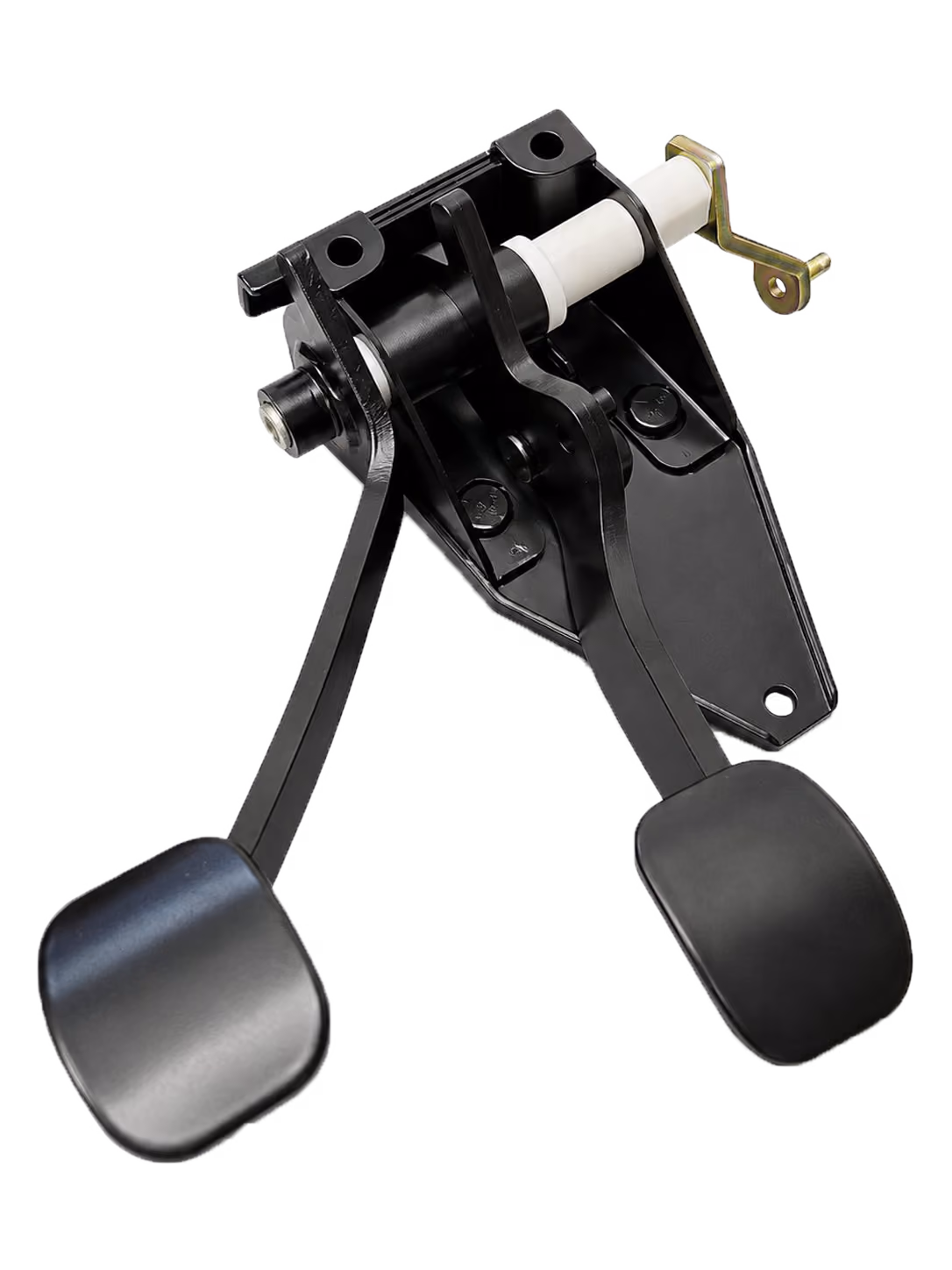 Black metal dual pedal assembly with two foot pedals mounted on a triangular bracket, featuring a white cylindrical component with a gold metal clip attached.