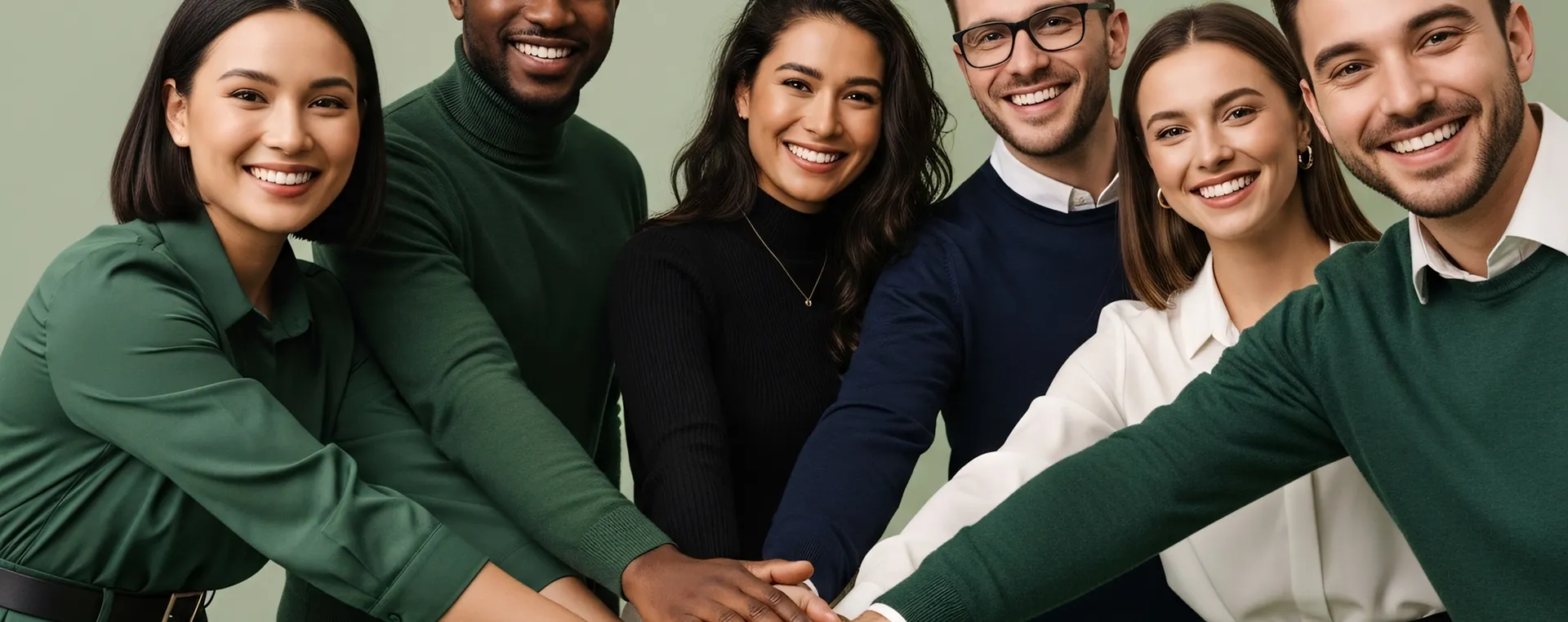 Diverse group of six young adults smiling and joining hands in a team gesture against a neutral background.