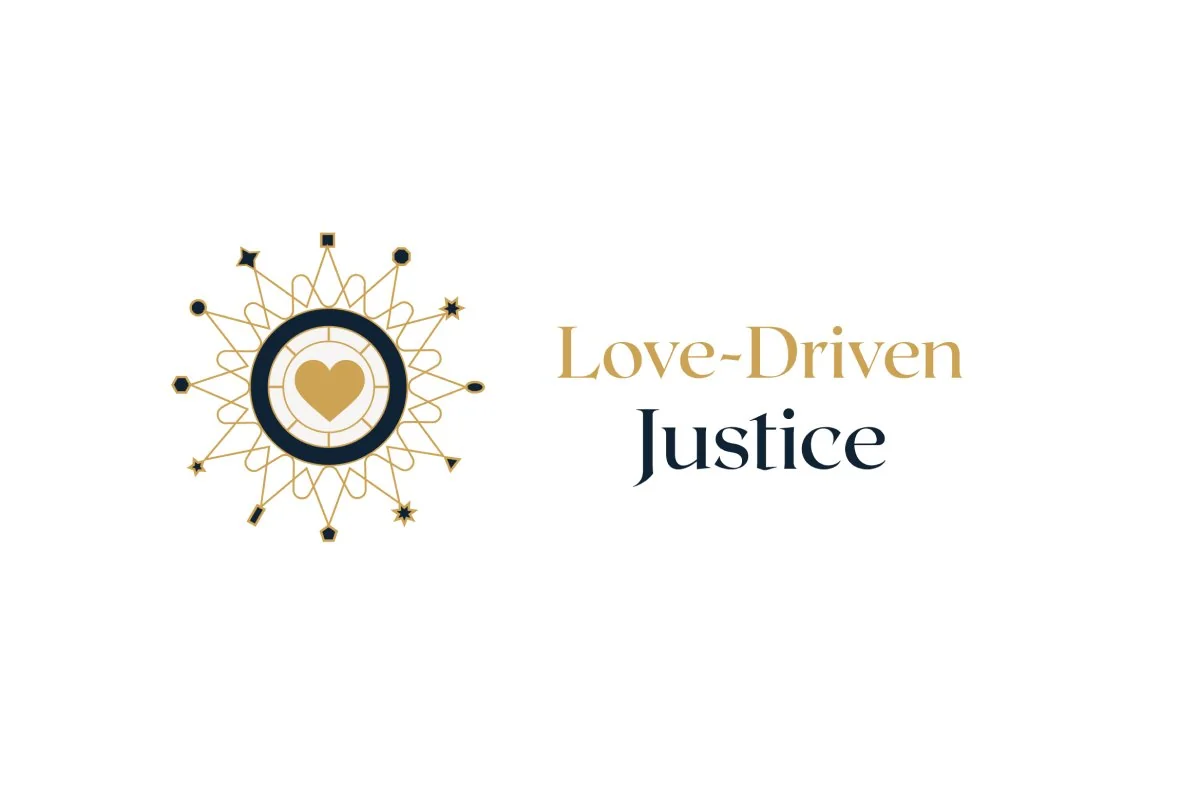 Gold heart within a circular design surrounded by gold geometric shapes, next to the text 'Love-Driven Justice' in gold and dark blue.