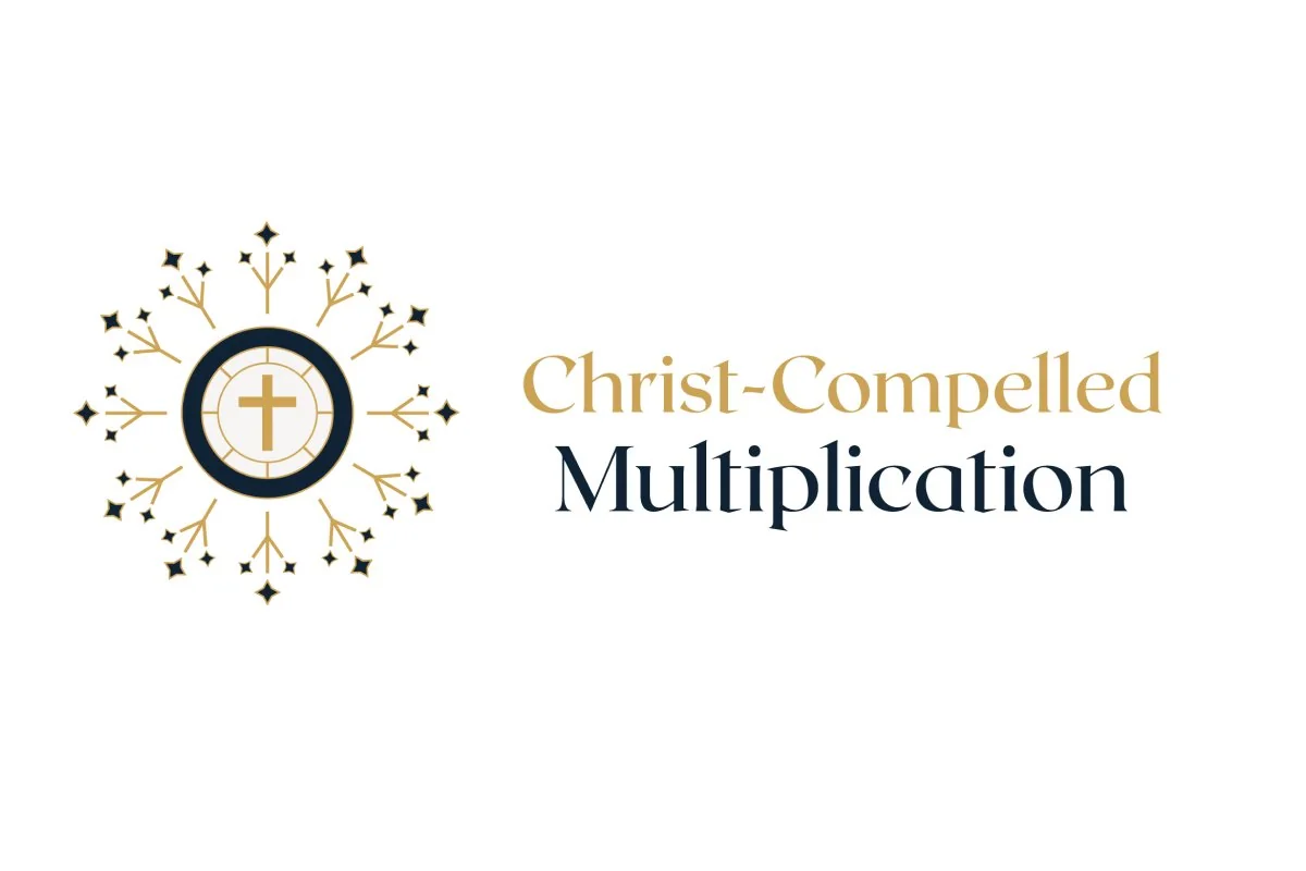 Logo with a gold cross inside a circular design surrounded by branching star-like patterns, next to the text 'Christ-Compelled Multiplication' in gold and black letters.