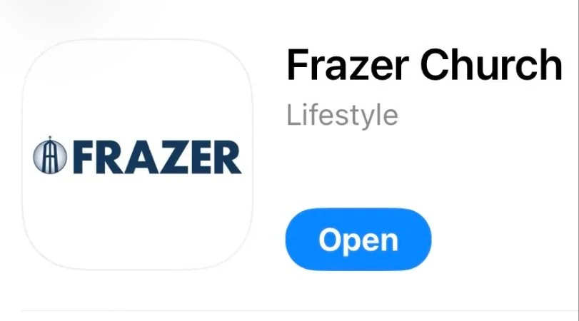Frazer Church app listing in a store showing the app icon with a stylized tower logo and the word FRAZER and an open button.