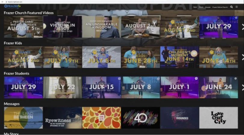 Screenshot of Frazer TV video library webpage displaying featured videos, Frazer Kids, Frazer Students, and Messages sections with various video thumbnails and dates.